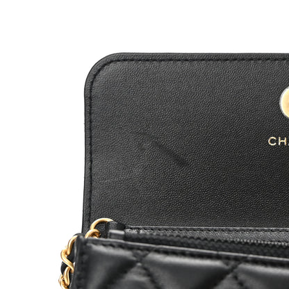 Chanel Lambskin Pearl Crush Quilted Flap Phone Holder With Chain Black 12 of 14