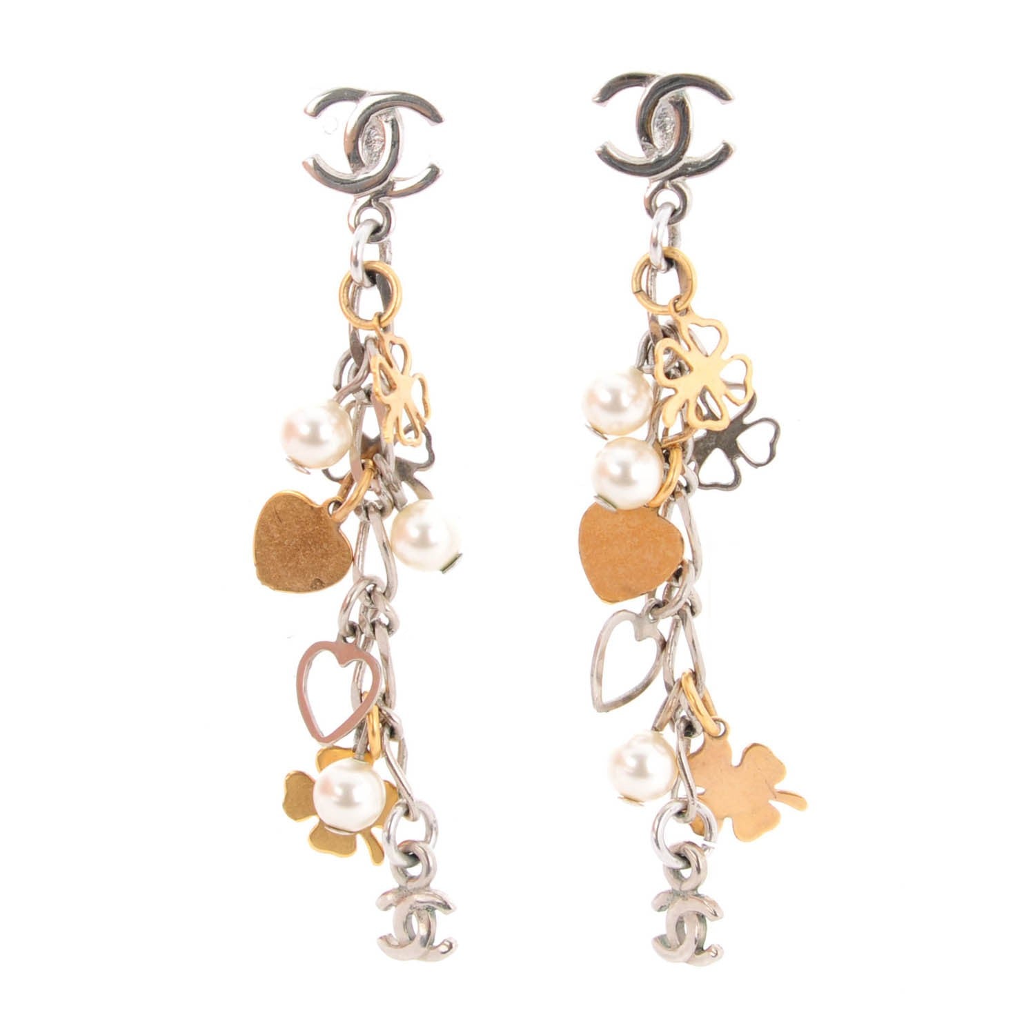 Chanel Pearl CC Dangle Earrings Gold Silver 1 of 4