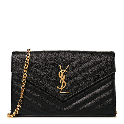 Saint Laurent Grain De Poudre Matelasse Chevron Monogram Chain Wallet Black 1 of 8