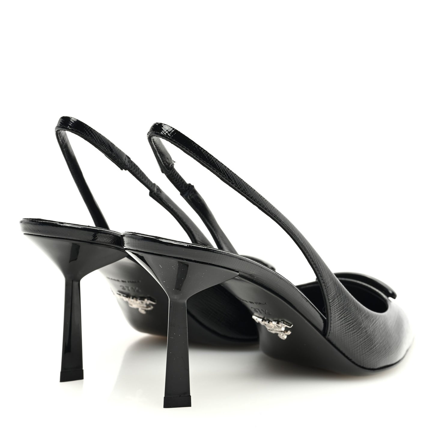 Vernice Saffiano Triangle Logo Pointed Toe 75mm Slingback Pumps 37.5 Black