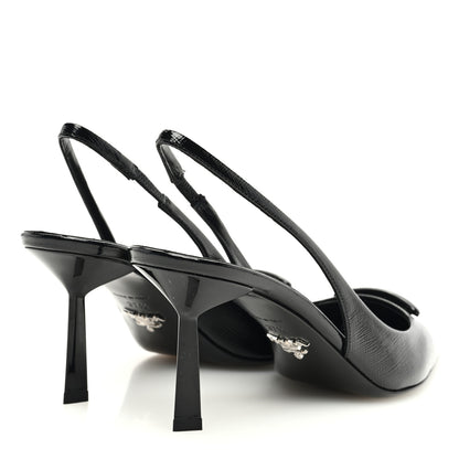 Prada Vernice Saffiano Triangle Logo Pointed Toe 75mm Slingback Pumps 37.5 Black 4 of 8