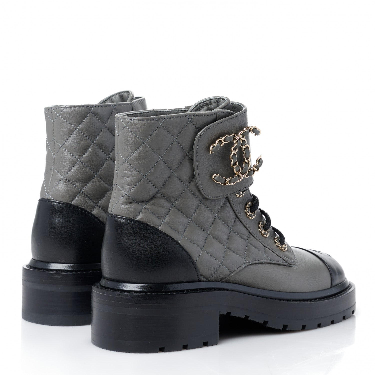 Chanel Shiny Lambskin Quilted Lace Up Combat Boots 35 Grey Black 4 of 10