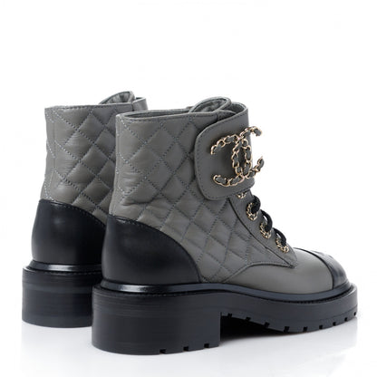 Chanel Shiny Lambskin Quilted Lace Up Combat Boots 35 Grey Black 4 of 10