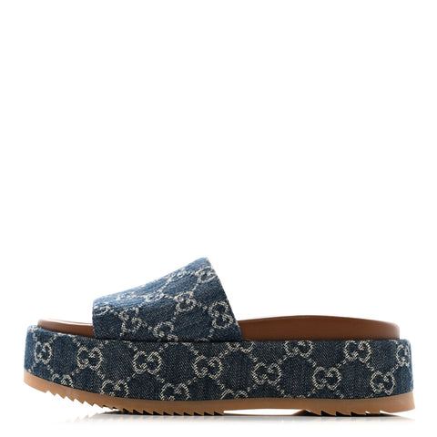 New Denim GG Monogram Angelina Platform 55mm Slide Sandals 36.5 Blue Tea
