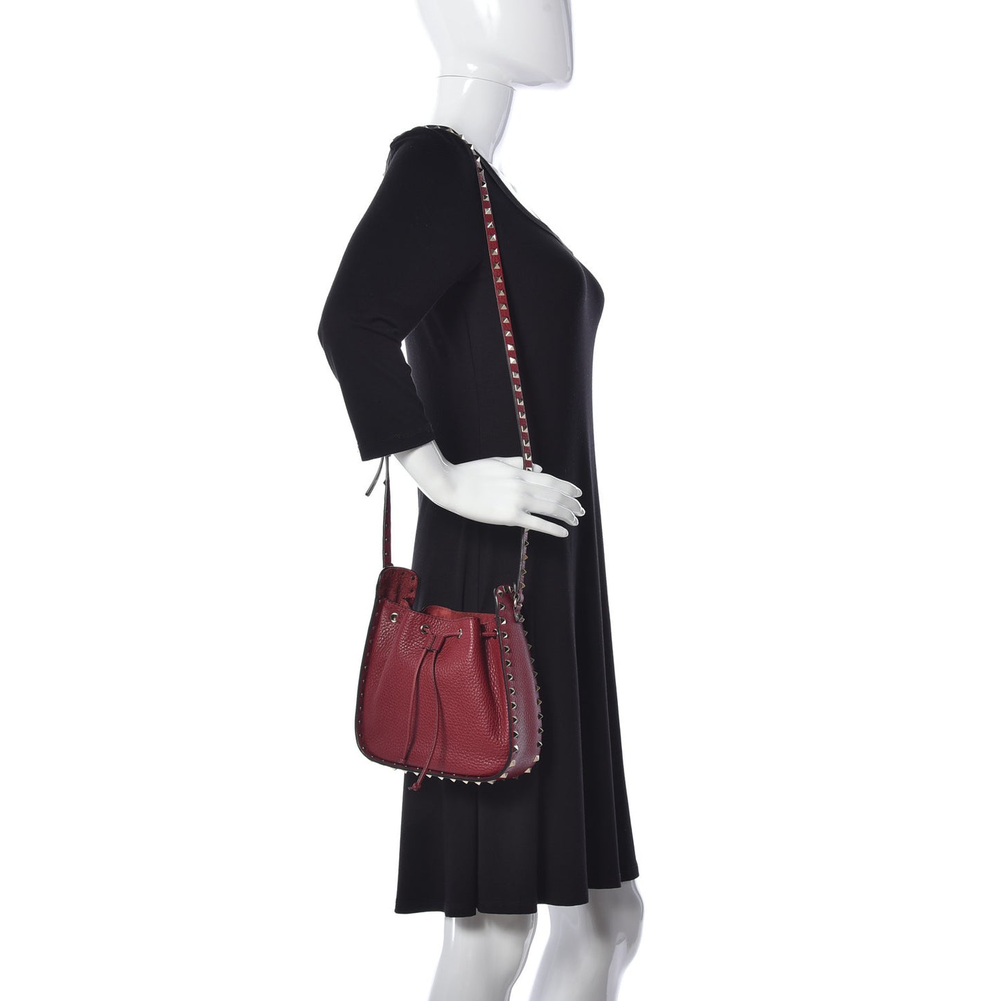 Grained Calfskin Rockstud Bucket Bag Rubino