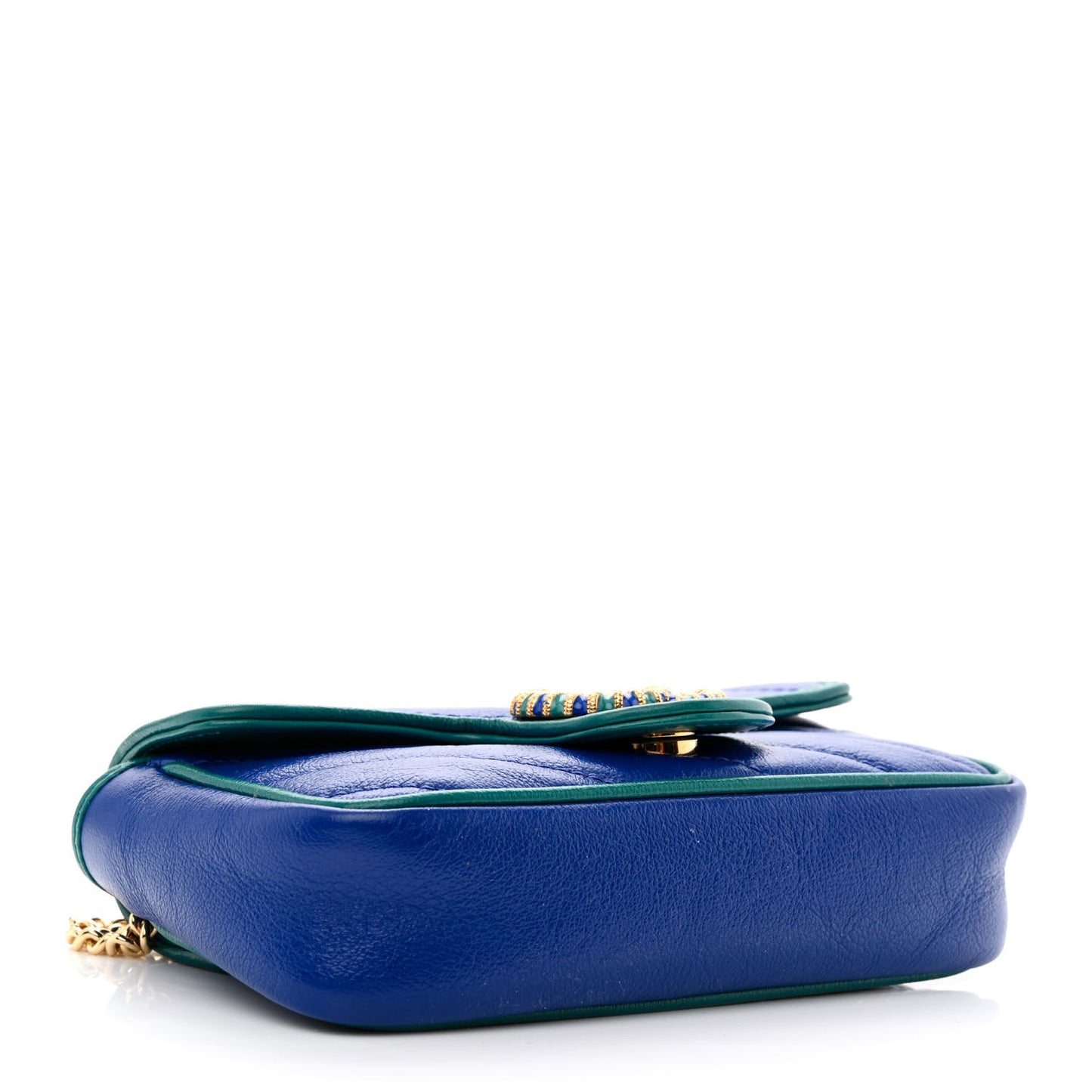Azalea Calfskin Enamel Matelasse Diagonal Super Mini Torchon GG Marmont Shoulder Bag Imperial Blue Pavone