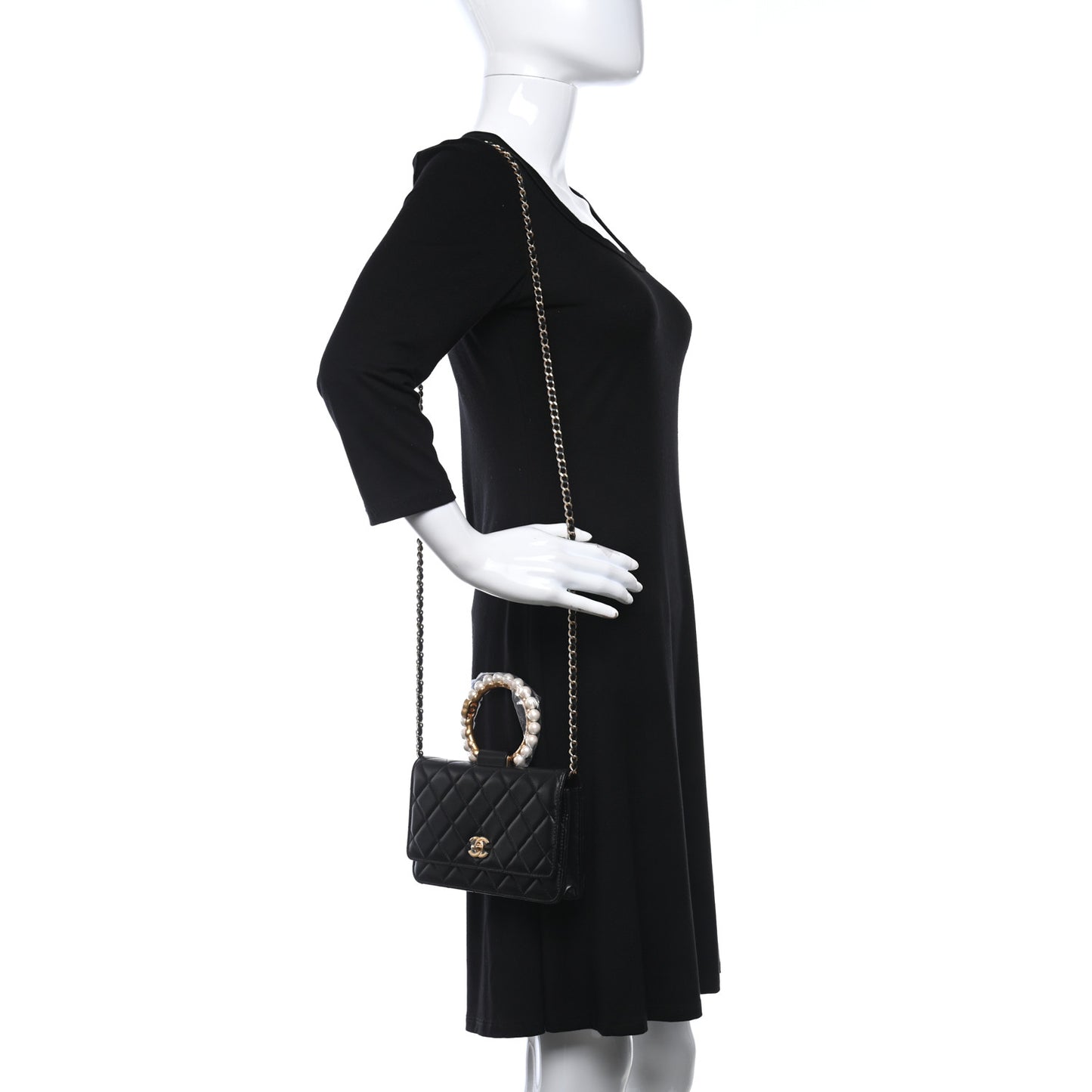 Lambskin Quilted Pearl Crown Wallet On Chain WOC Black