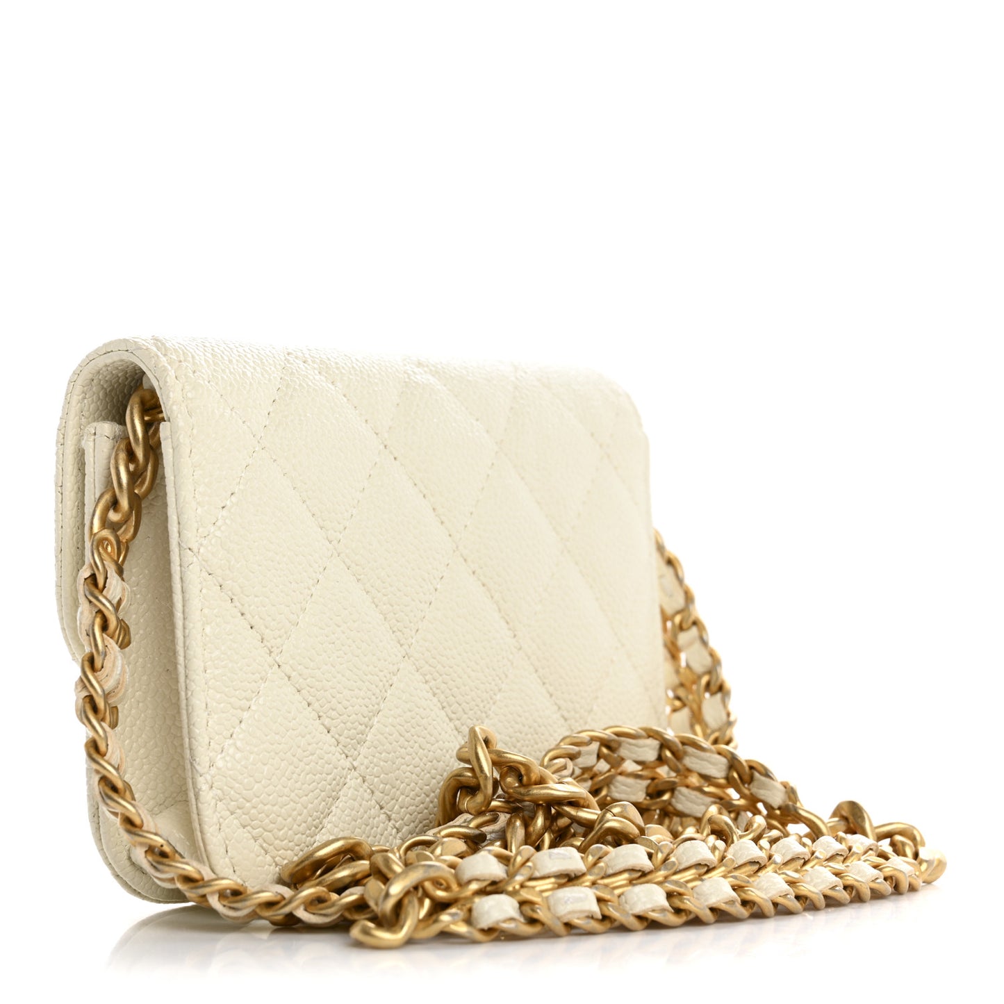 Shiny Caviar Quilted Chain Melody Card Holder On Chain White