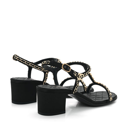 Chanel Silk Satin Pearl Chain CC Sandals 37.5 Black 5 of 10