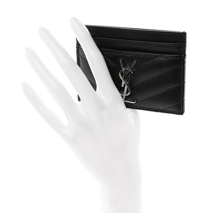 Saint Laurent Grain De Poudre Matelasse Chevron Monogram Credit Card Case Black 2 of 6