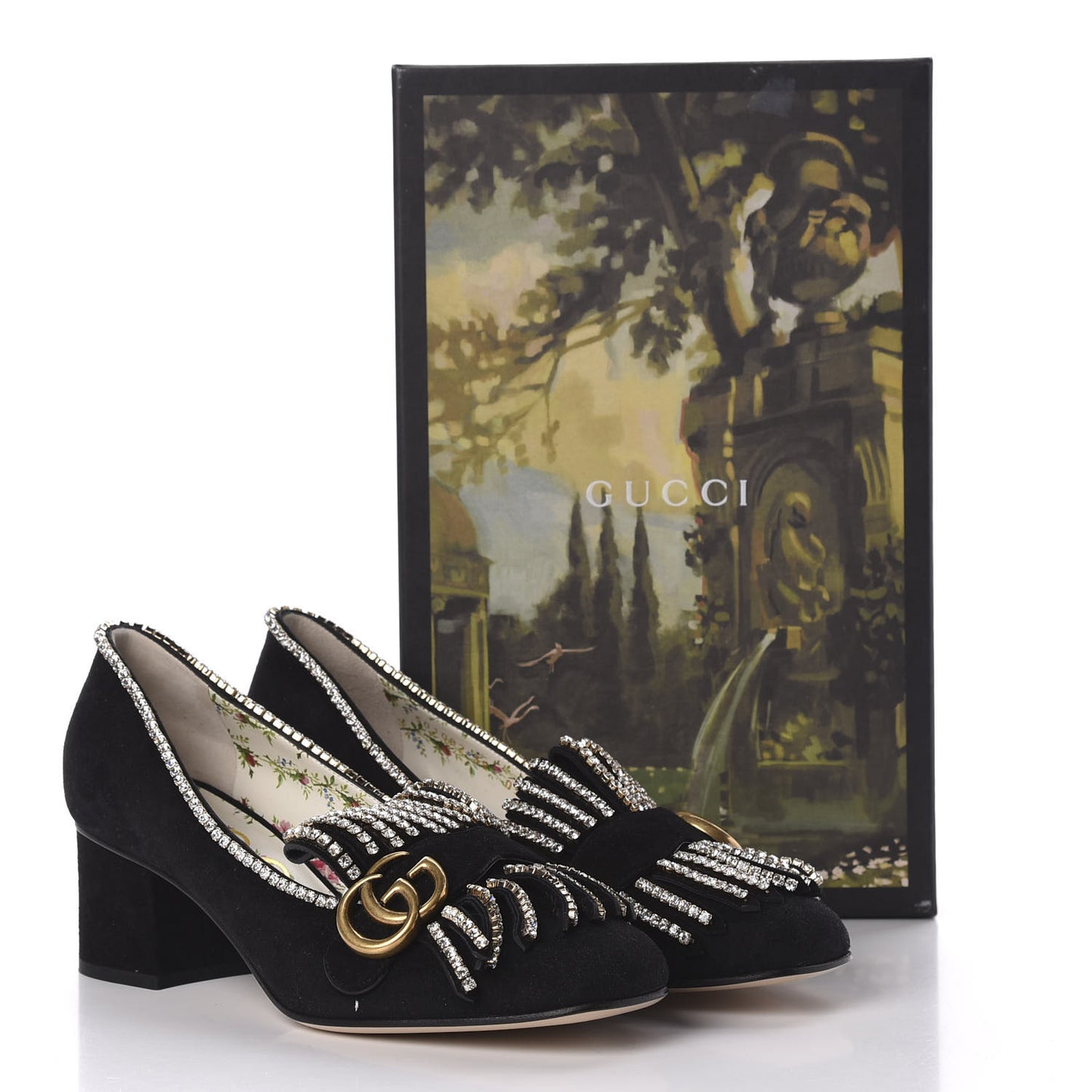 Kid Scamosciato Crystal GG Marmont Fringe 50mm Loafer Pumps 39 Black