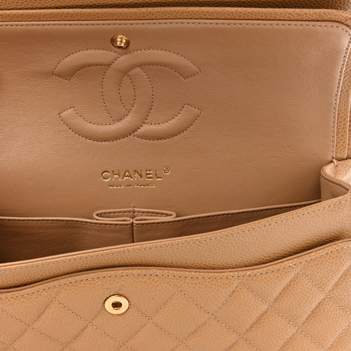 Caviar Quilted Medium Double Flap Beige