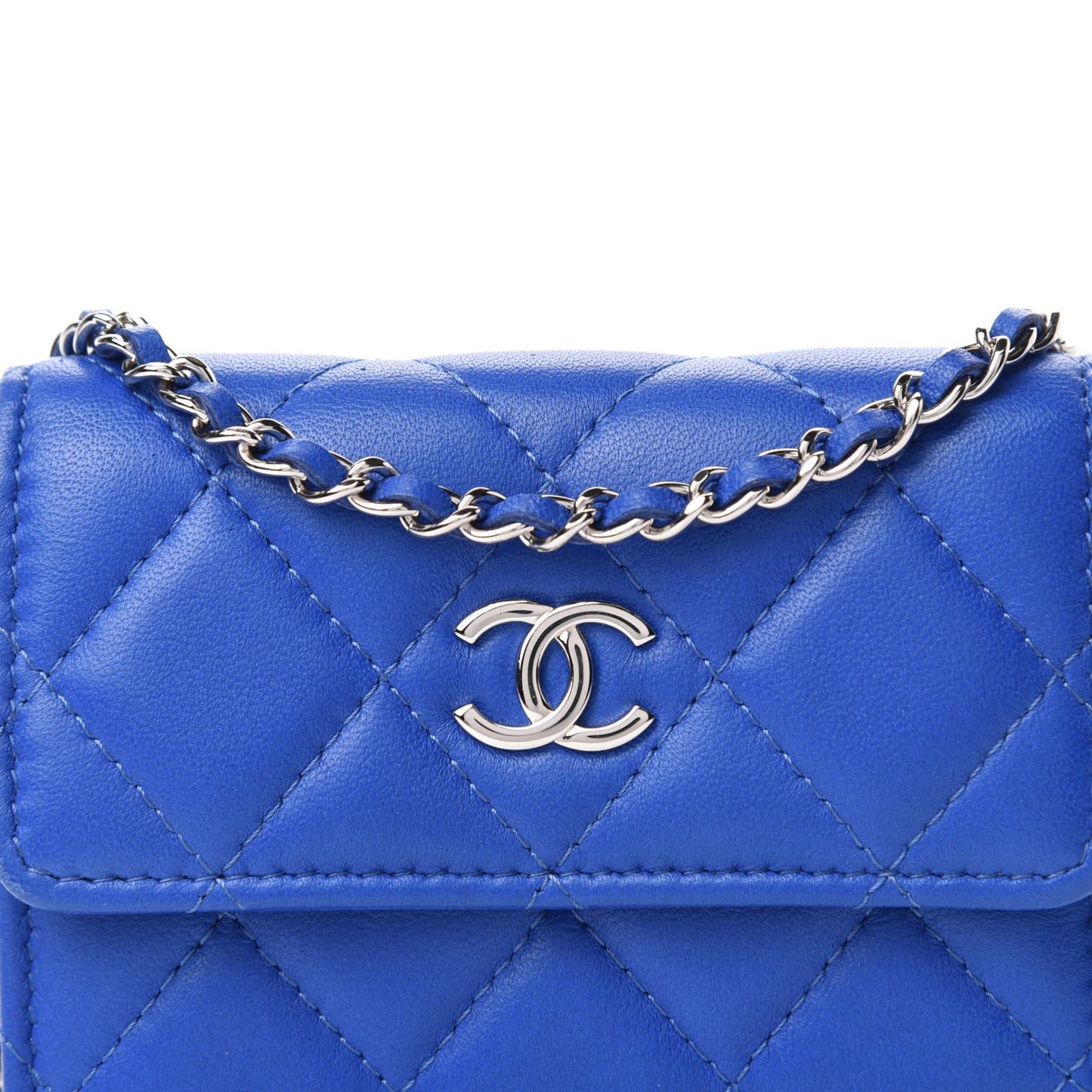 Lambskin Quilted Flap Card Holder On Chain Blue