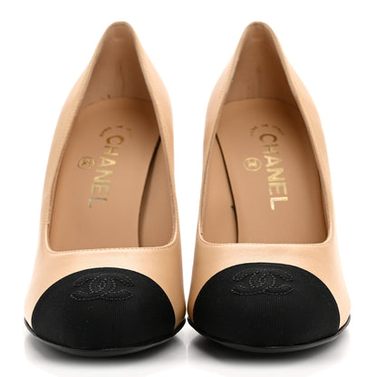 Chanel Lambskin Grosgrain Pearl Cap Toe Pumps 36.5 Beige Black 3 of 10