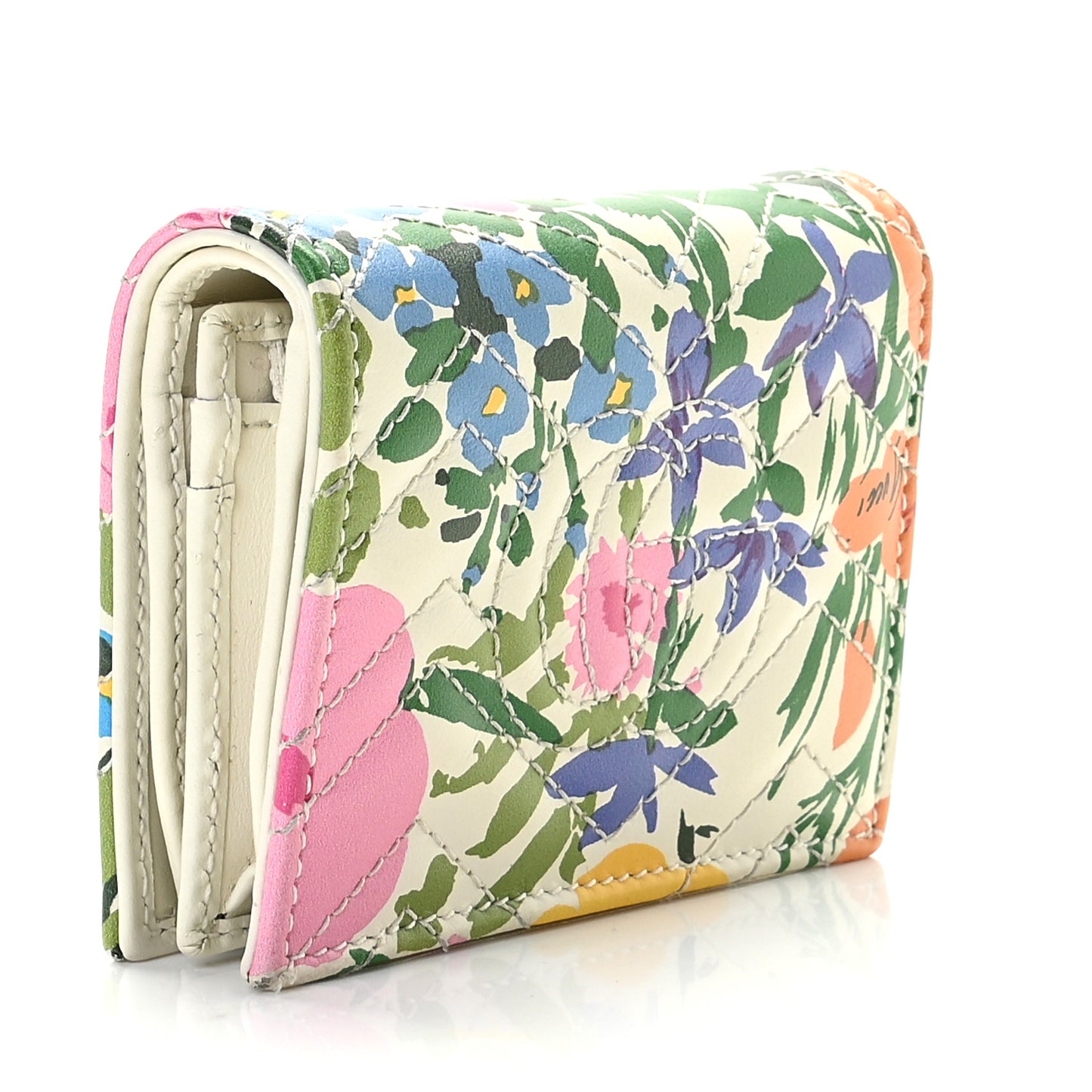 X KEN SCOTT Calfskin Matelasse Floral Print GG Marmont Card Case Wallet Ivory Pink