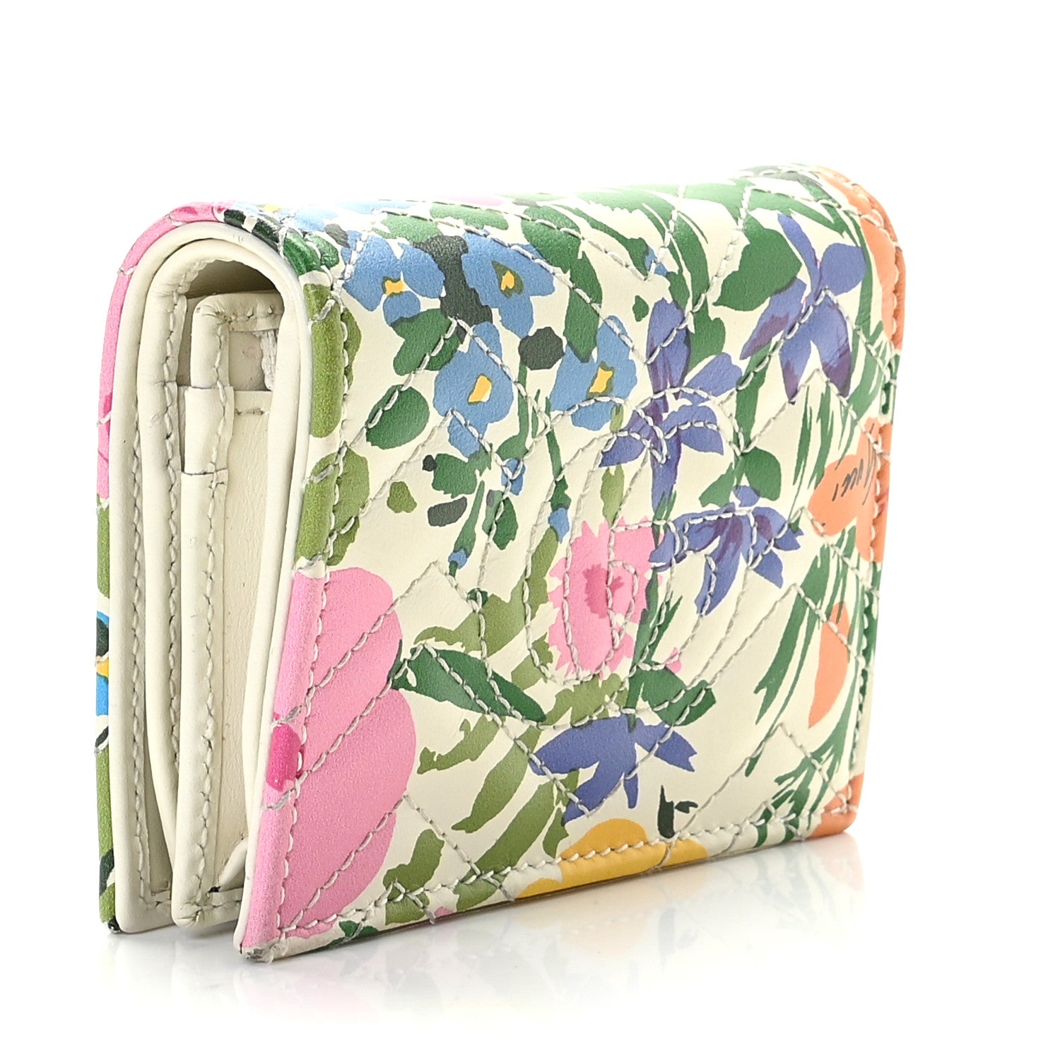 Gucci X KEN SCOTT Calfskin Matelasse Floral Print GG Marmont Card Case Wallet Ivory Pink 2 of 8