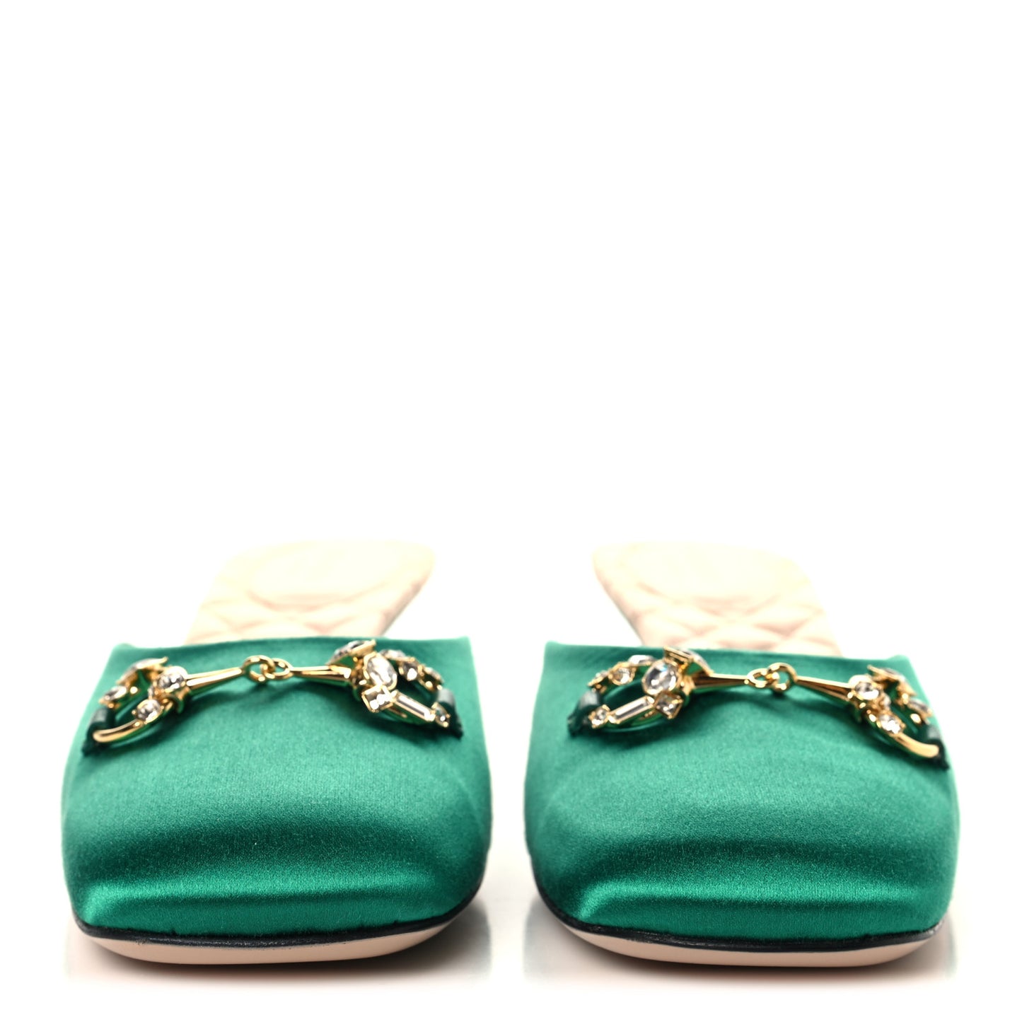 Silk Satin Crystal Embellished Horsebit Mules 38.5 Shamarock Emerald