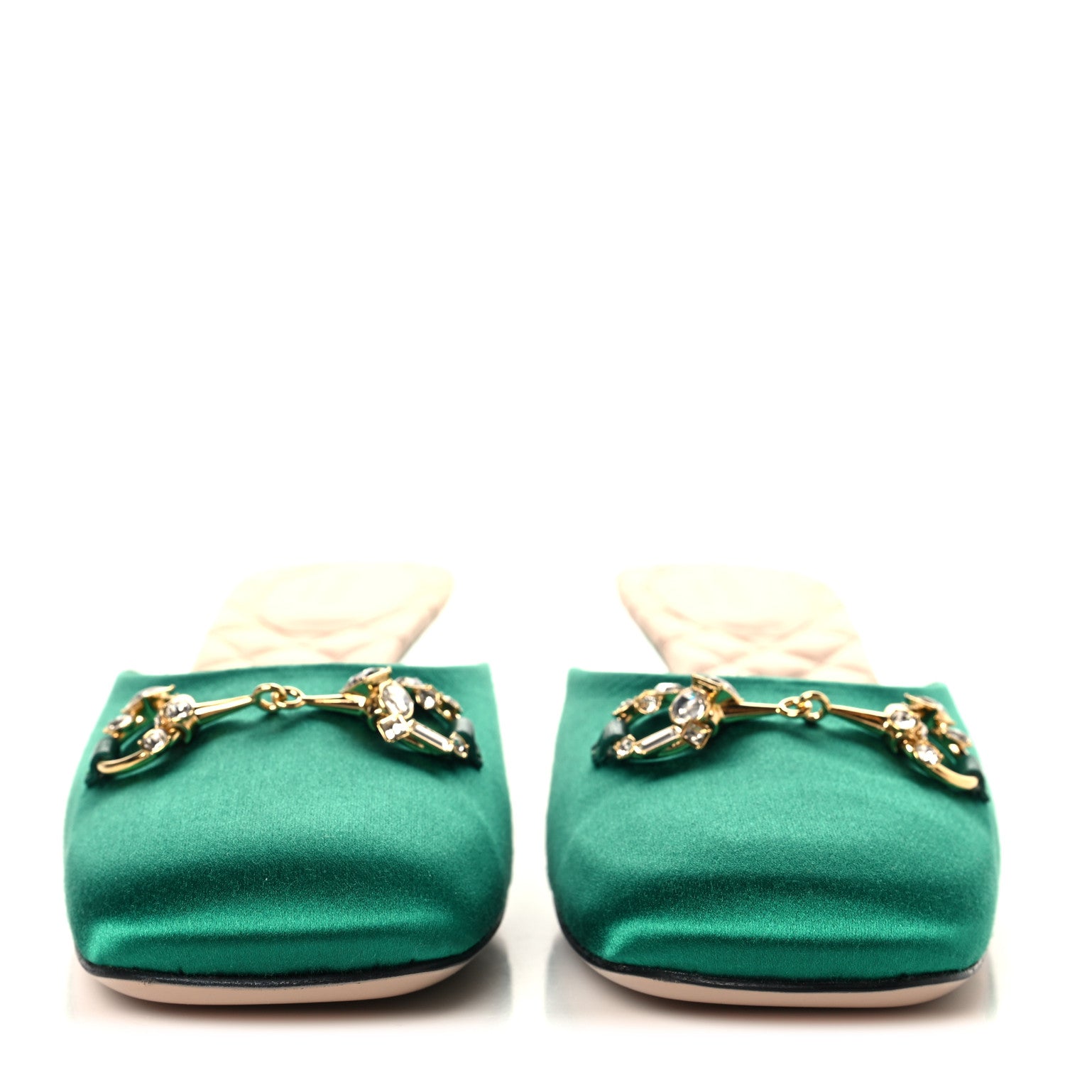 Gucci Silk Satin Crystal Embellished Horsebit Mules 38.5 Shamarock Emerald 3 of 9