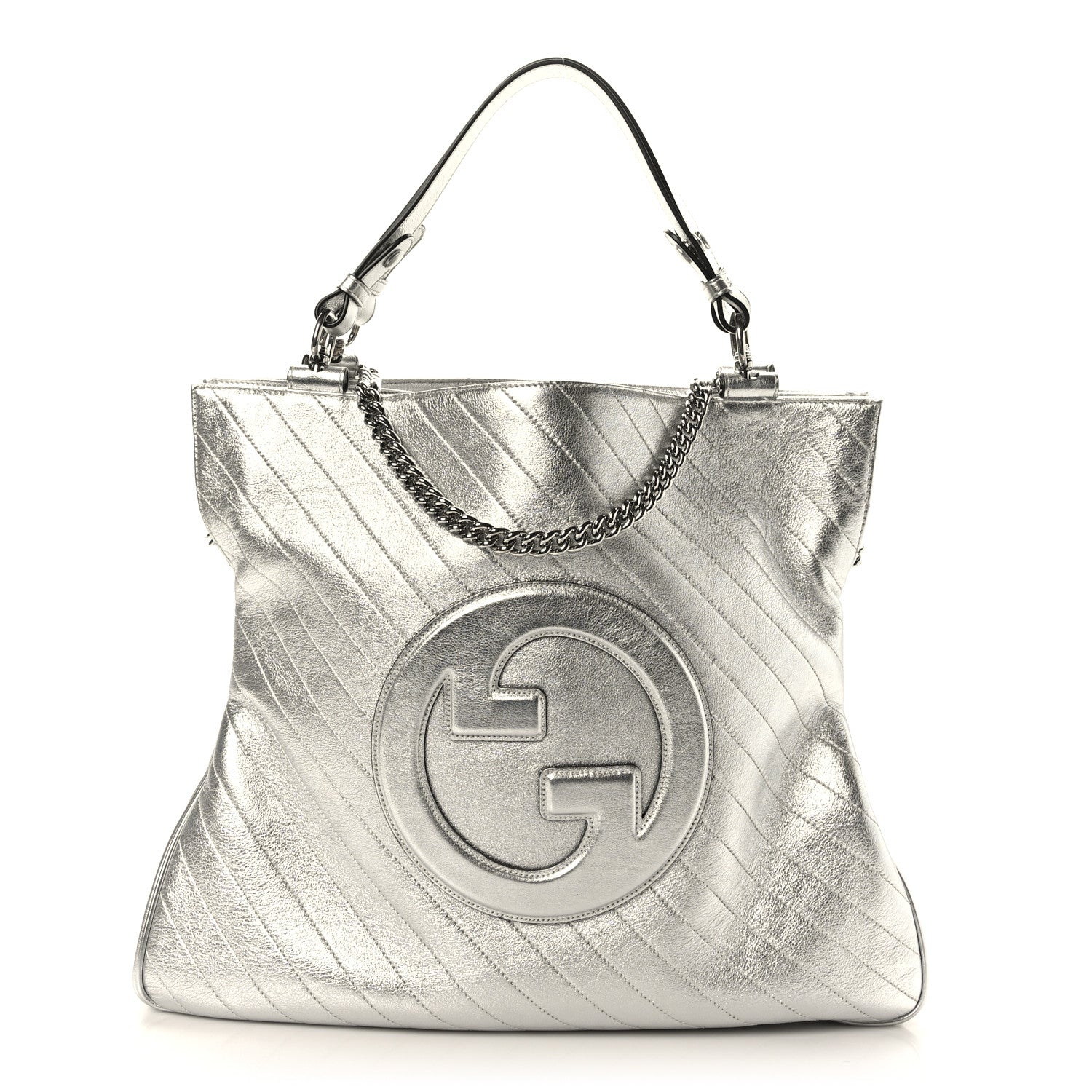 Gucci Metallic Sakai Be Green Calfskin Diagonal Stitched Medium Blondie Tote Silver 1 of 11