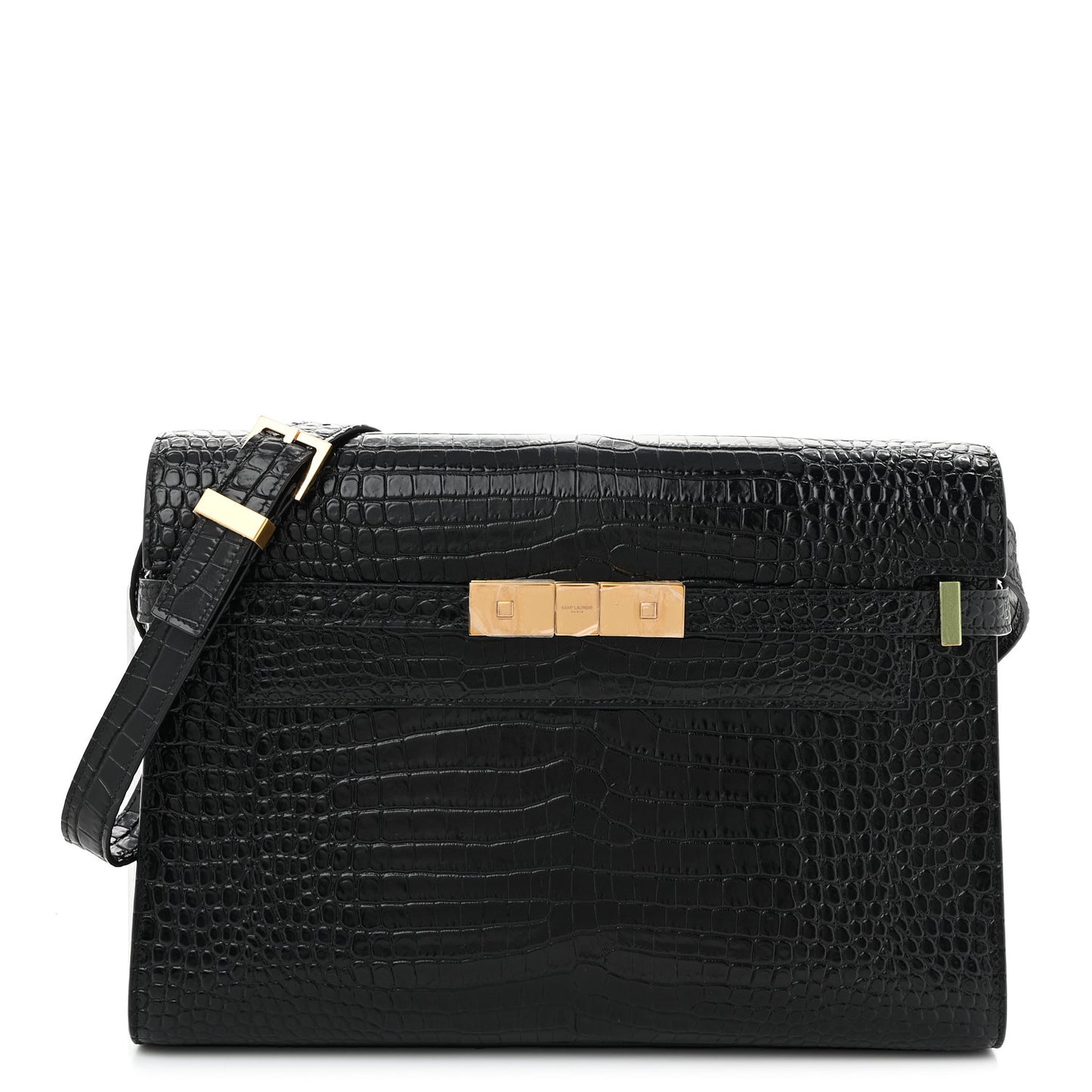 Shiny Calfskin Crocodile Embossed Manhattan Baguette Black