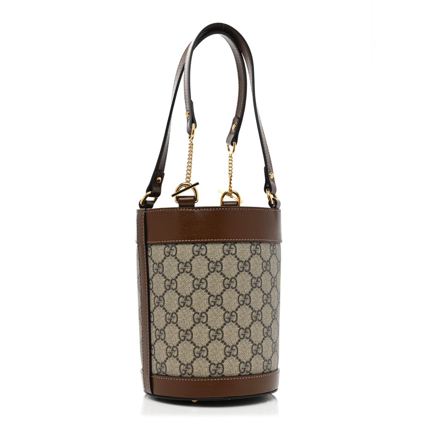 GG Supreme Monogram Azalea Sakai Calfskin Small Horsebit 1955 Drawstring Bucket Bag Beige Ebony Brown Sugar