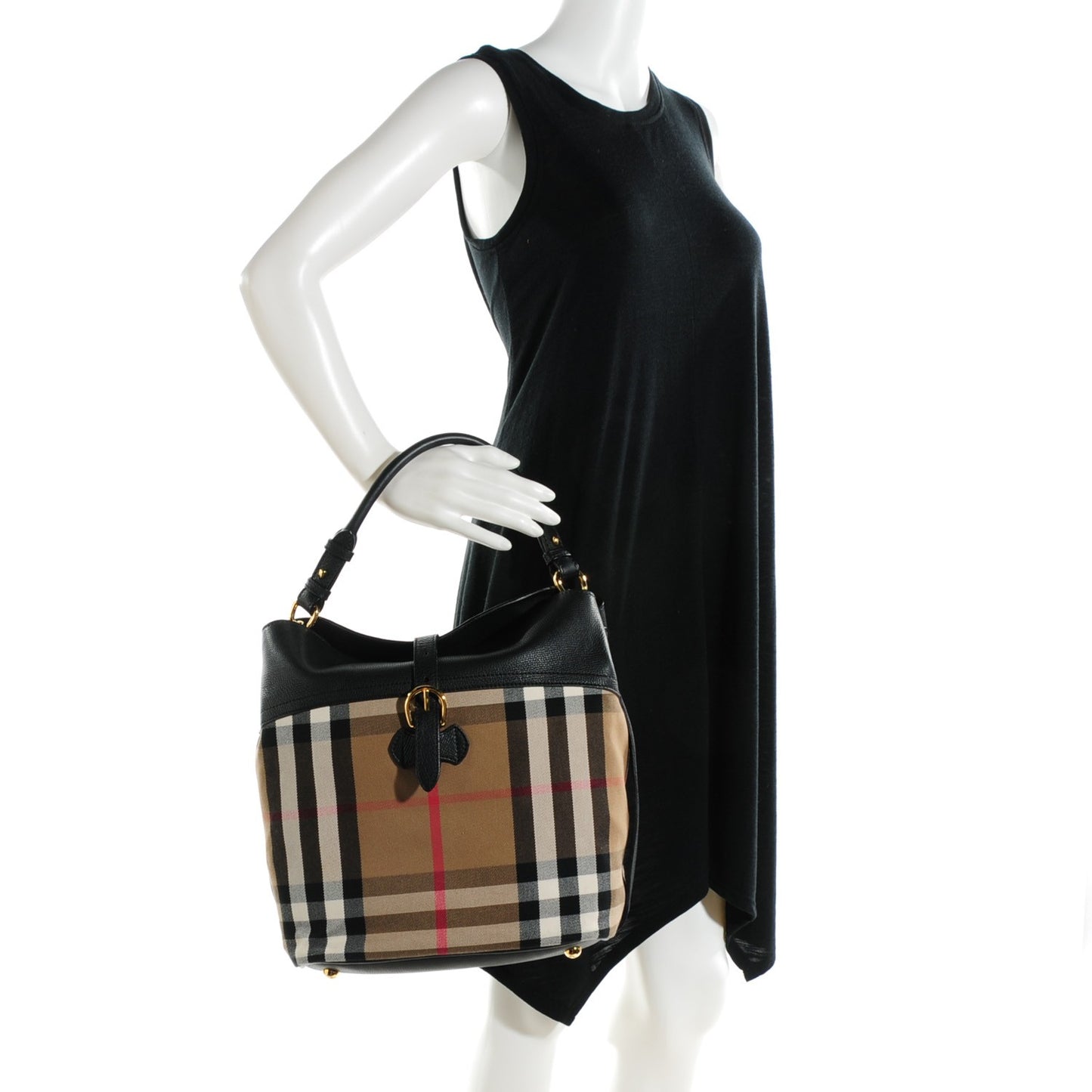 Grainy Calfskin House Check Medium Sycamore Hobo Black