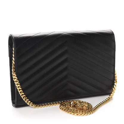 Saint Laurent Grain De Poudre Matelasse Chevron Monogram Chain Wallet Black 3 of 9