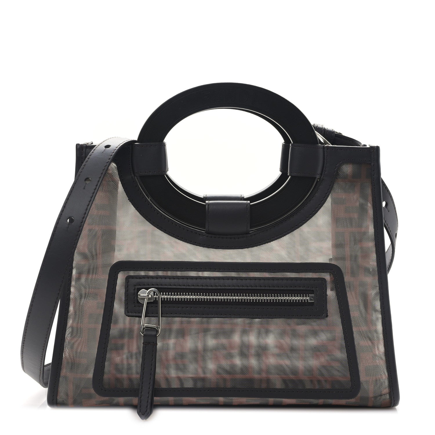 Fendi Mesh Vitello Century Cuoio FF 1974 Small Runaway Shopper Tote Marrone Black Ebano 1 of 8
