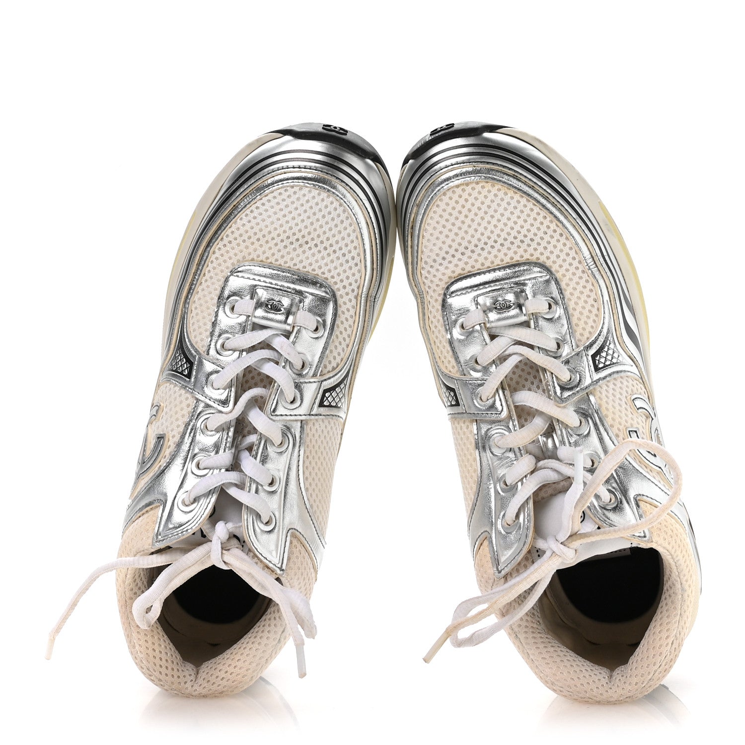 Chanel Fabric Laminated Calfskin Stretch CC Sneakers 38.5 White