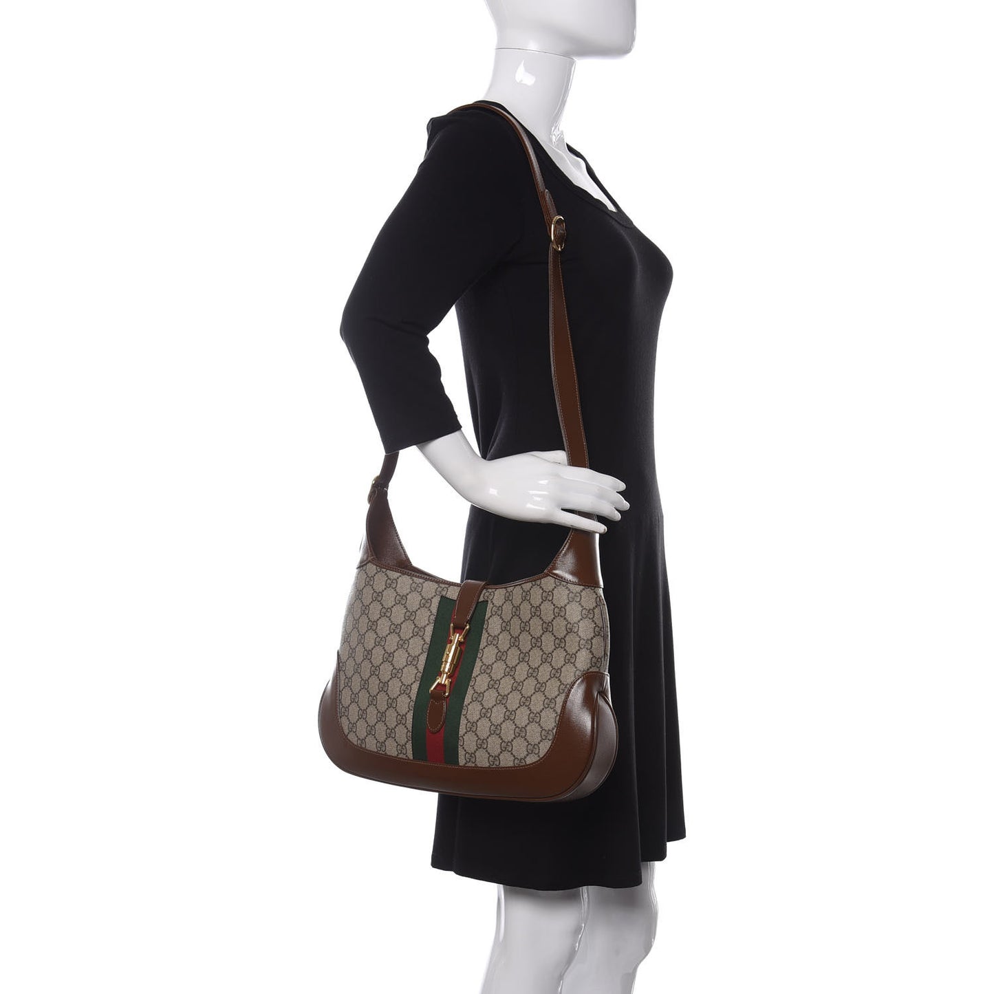 GG Supreme Monogram Azalea Calfskin Web Medium Jackie 1961 Hobo Beige Ebony Brown Sugar