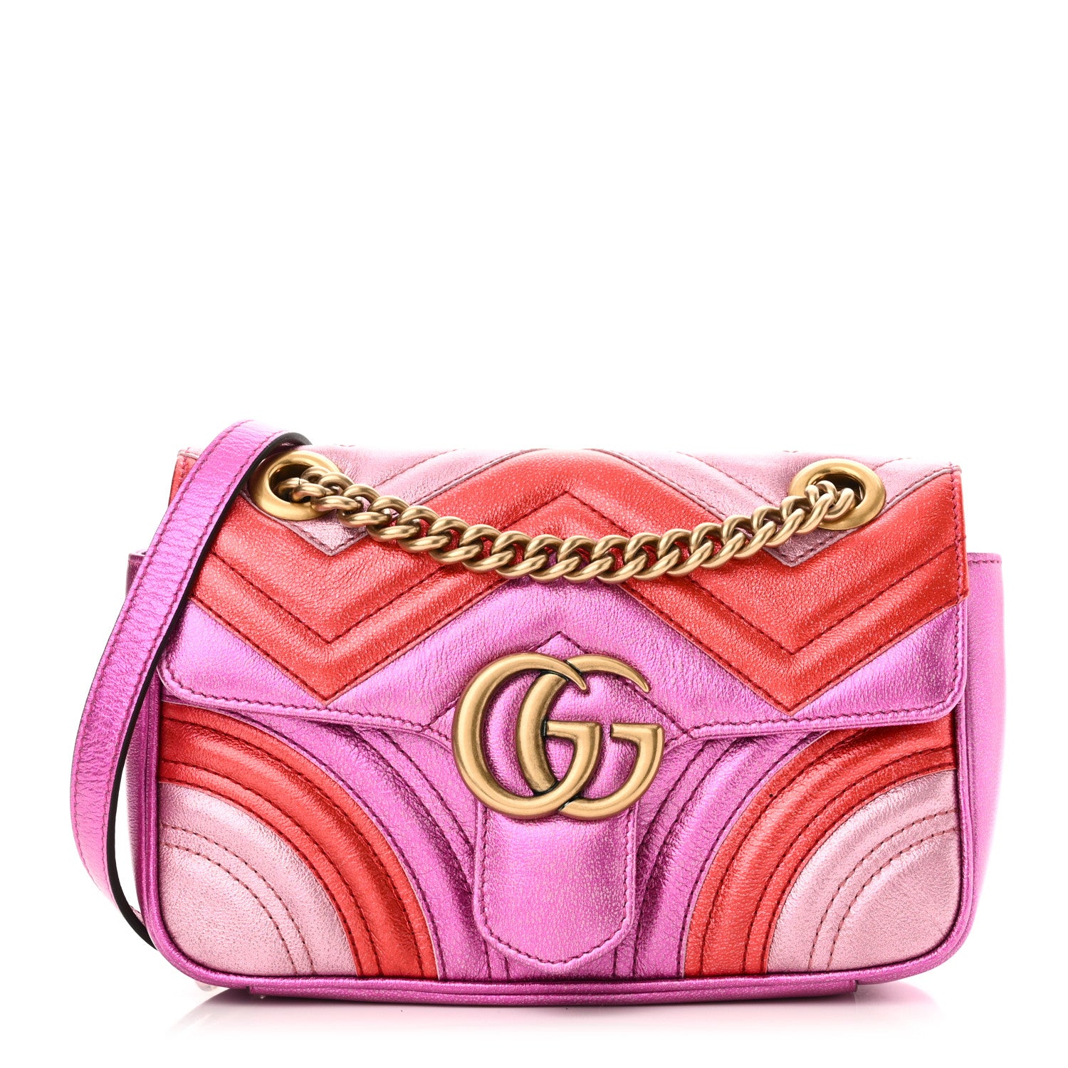 Gucci Metallic Calfskin Matelasse Mini GG Marmont Shoulder Bag Fuchsia 1 of 10