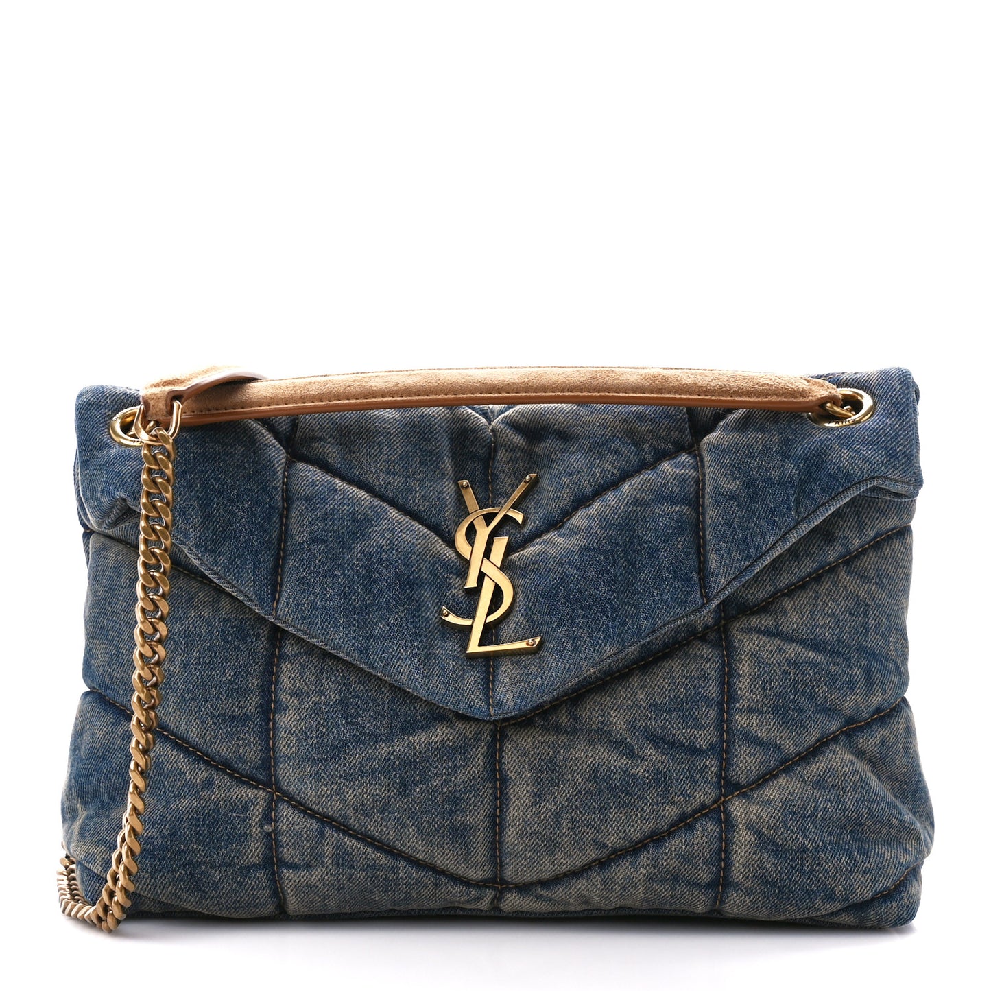 Denim Quilted Small Loulou Puffer Monogram Chain Satchel Blue Cinnamon