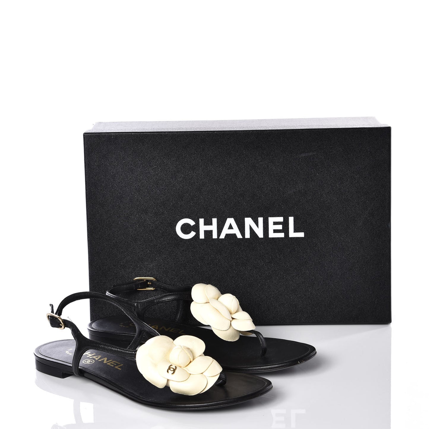 Lambskin Camellia Thong Sandals 35.5 Black White