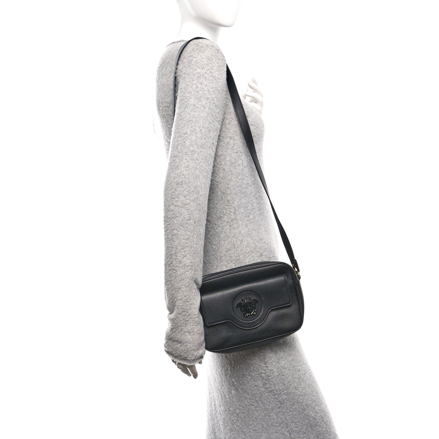 Grained Calfskin Medusa Camera Bag Black