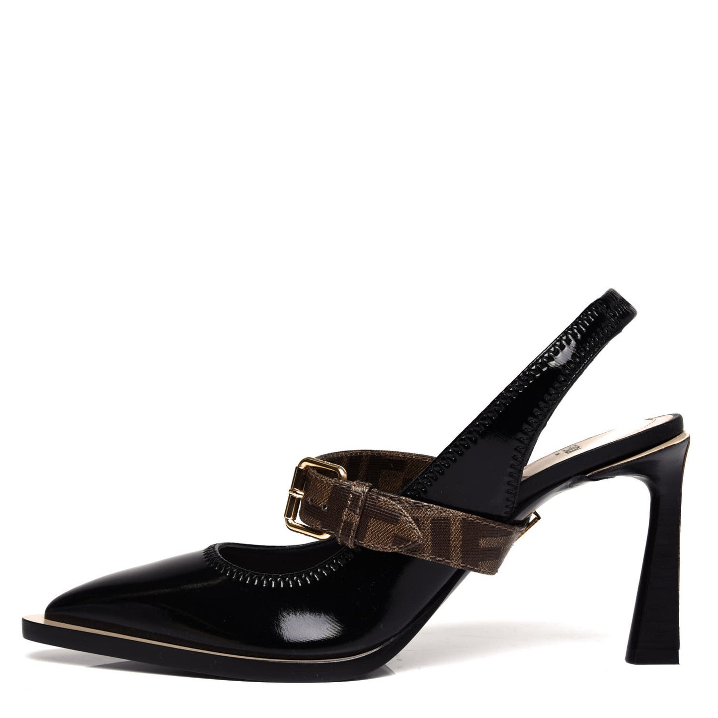 Glossy Neoprene Glazed Fabric FF FFrame Court Mary Jane Slingback Pumps 39 Black Tobacco Moro