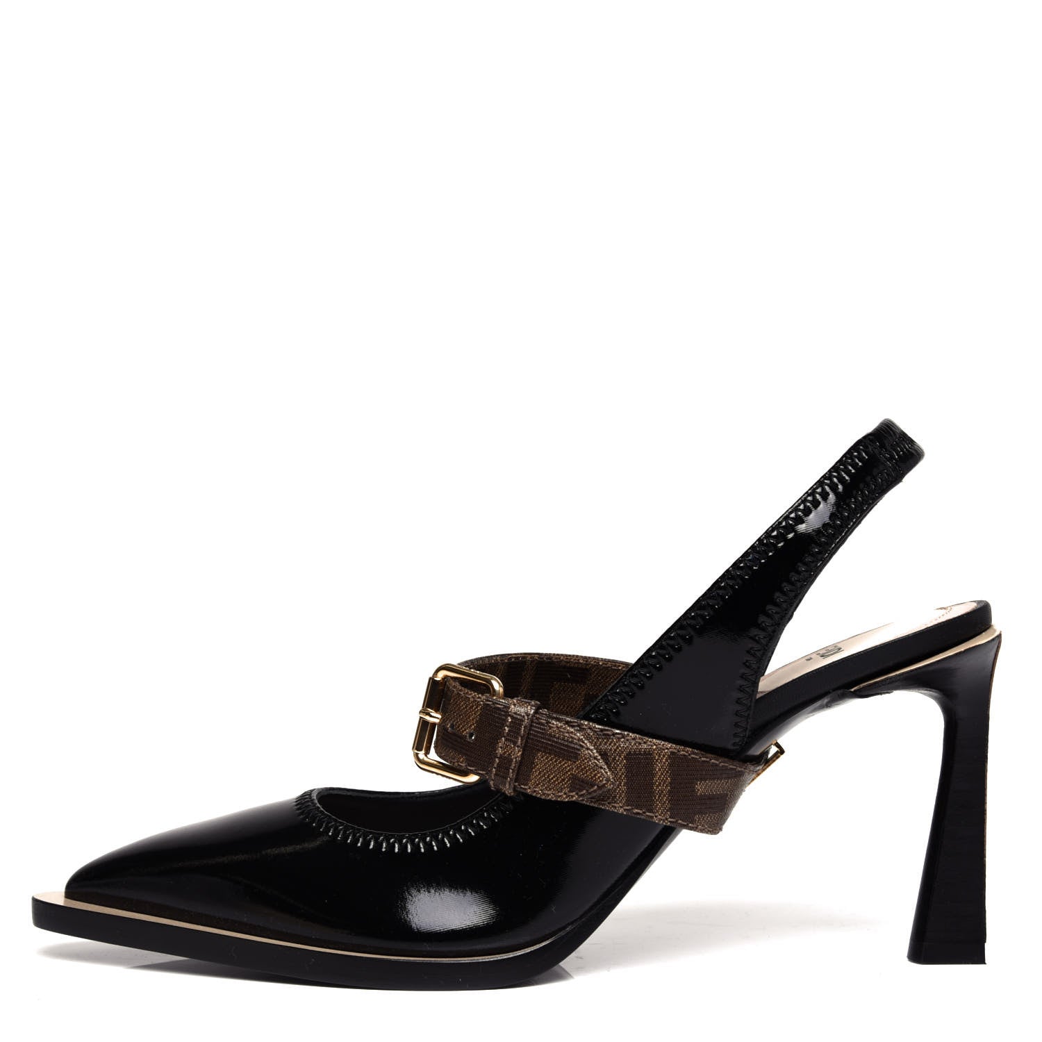 Fendi Glossy Neoprene Glazed Fabric FF FFrame Court Mary Jane Slingback Pumps 39 Black Tobacco Moro 1 of 9
