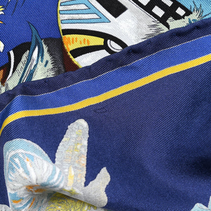 Hermes Silk Kachinas Wash Scarf 90 Marine Jaune Vert 6 of 6