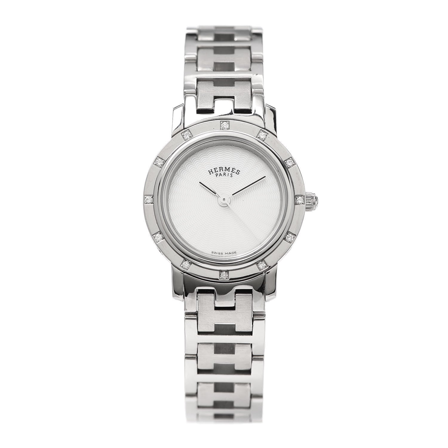 Hermes Stainless Steel Diamond Mother of Pearl 24mm Clipper Quartz Watch 1 of 6