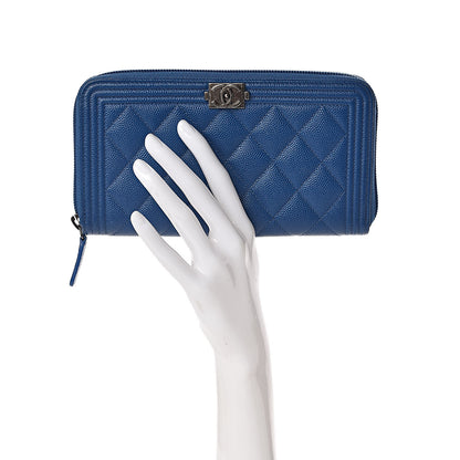 Chanel Caviar Quilted Large Boy Zip Around Wallet Blue 2 of 9