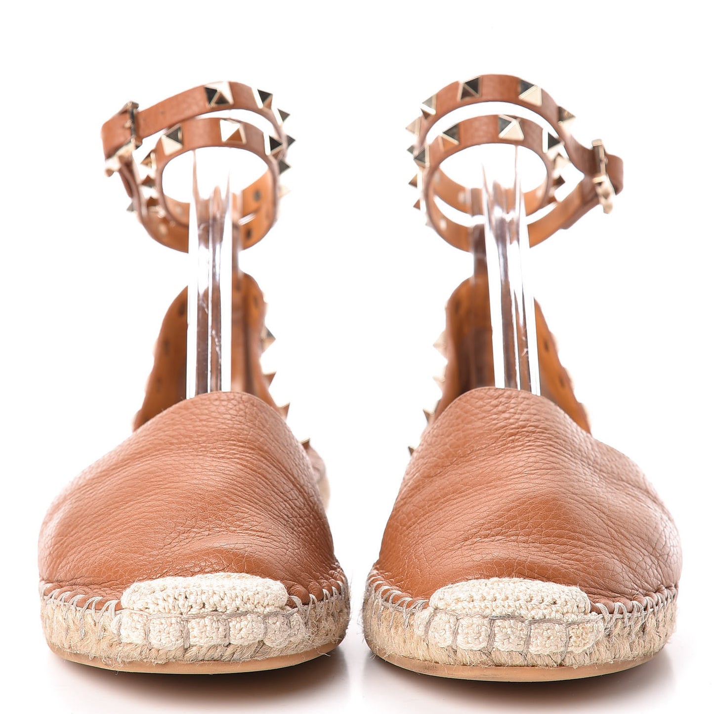 Grained Calfskin Rockstud Ankle Wrap Espadrille Flats 37 Cognac