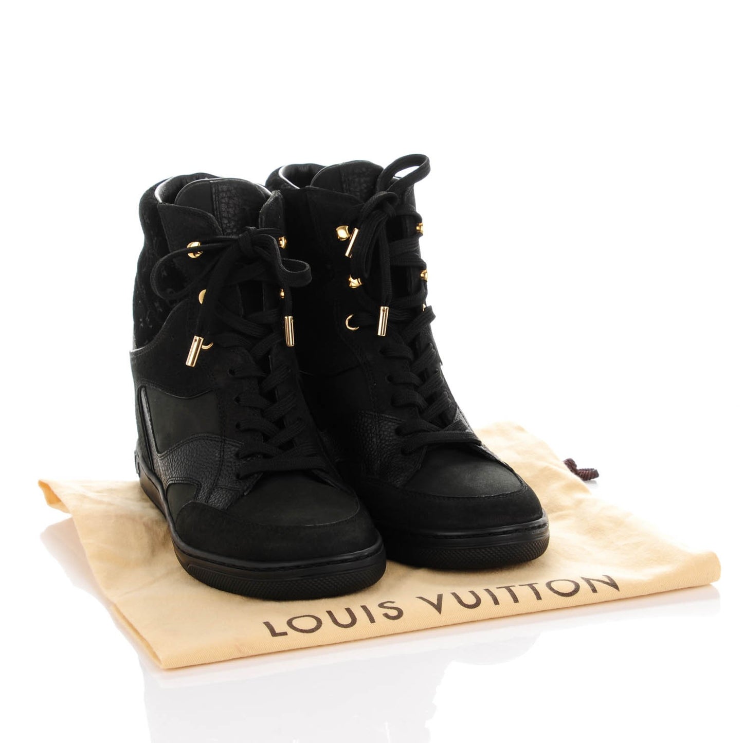 Calfskin Suede Monogram Cliff Top Wedge Sneakers 37.5 Black