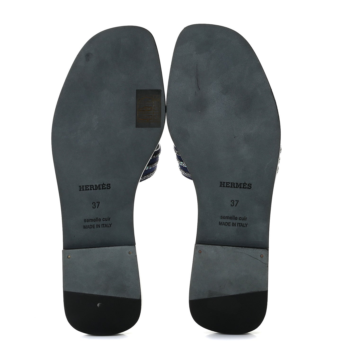 Hermes Suede Goatskin Crystal Oran Sandals 37 Bleu De Prusse Irisé 7 of 11
