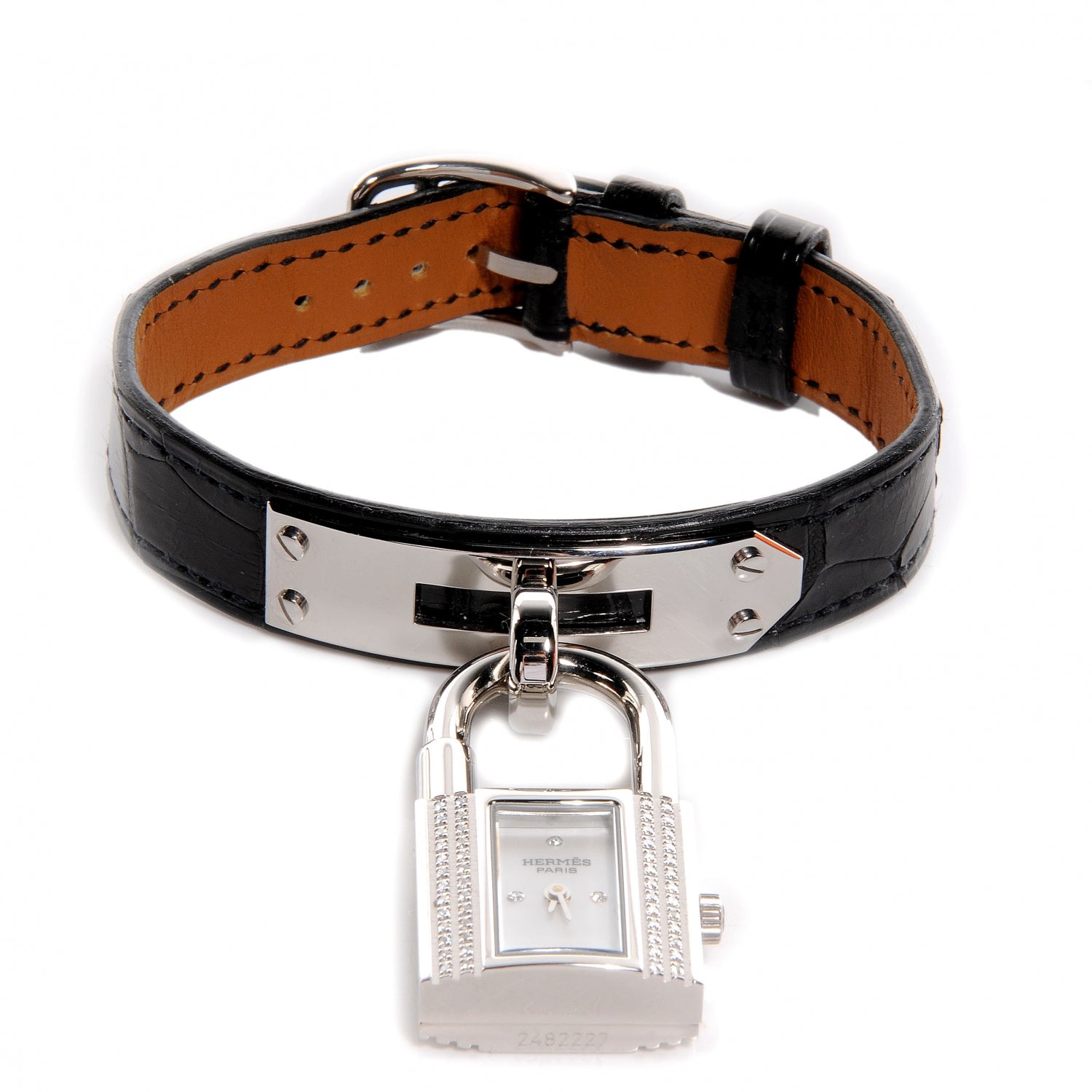 Hermes Stainless Steel Alligator Diamond Mother of Pearl 20mm Kelly Cadena Quartz Watch Noir 1 of 2