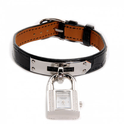 Hermes Stainless Steel Alligator Diamond Mother of Pearl 20mm Kelly Cadena Quartz Watch Noir 1 of 2