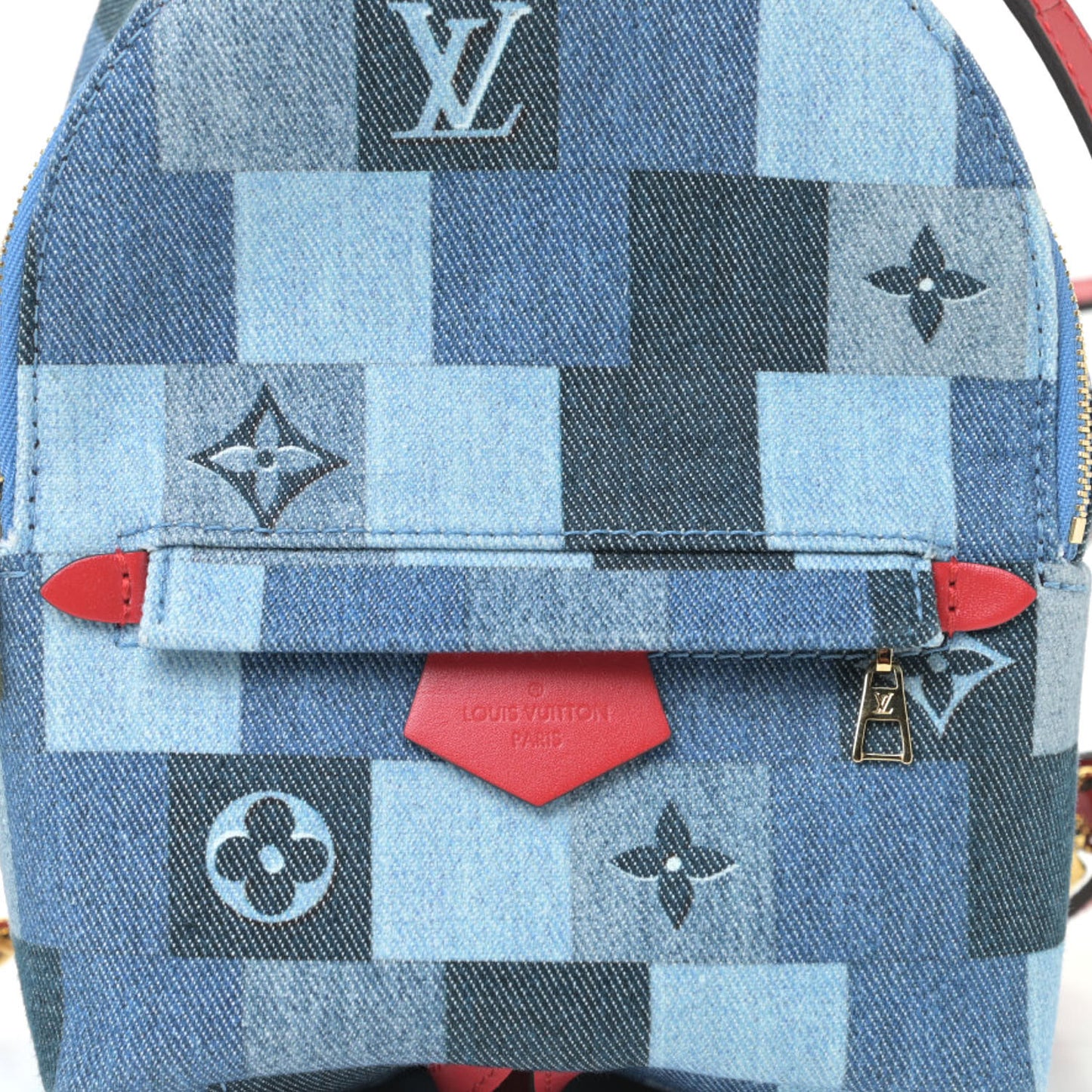 Denim Damier Monogram Patchwork Palm Springs Backpack Mini Blue Rouge