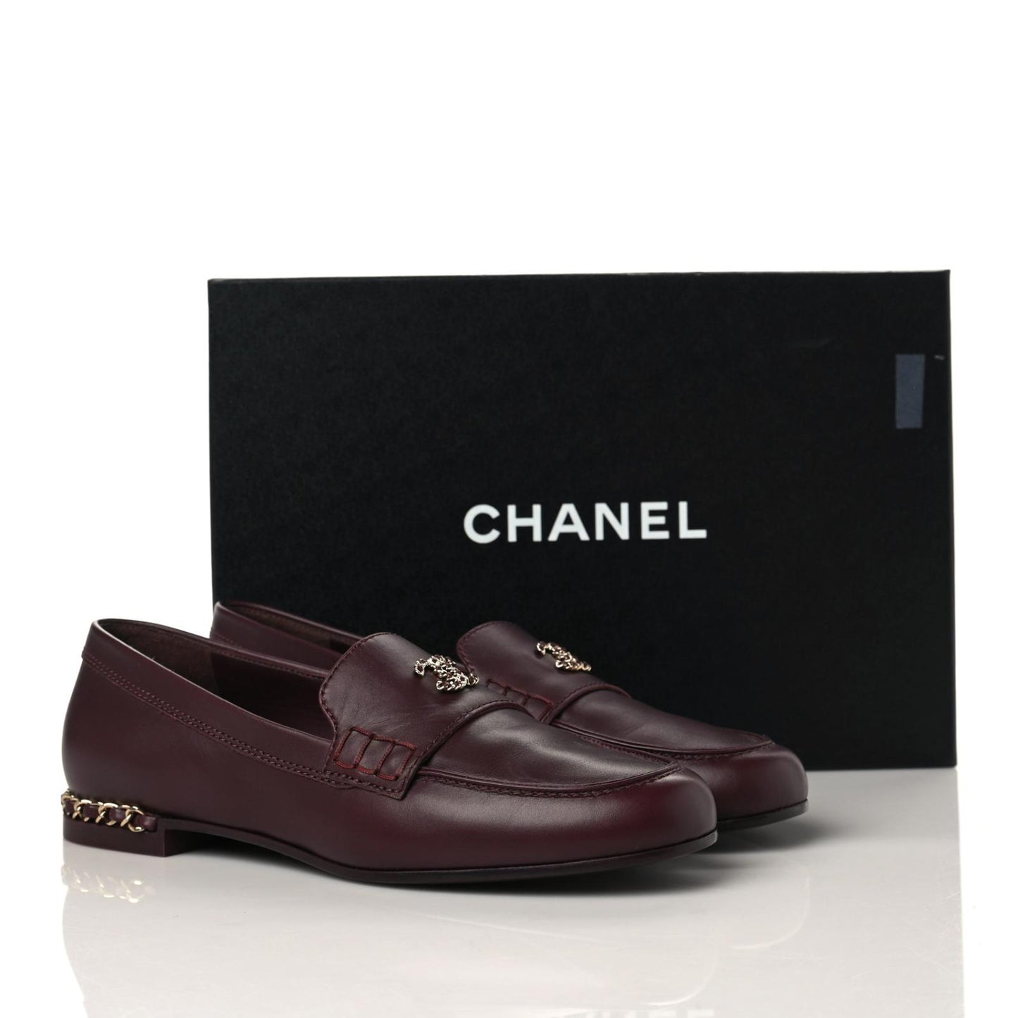 Calfskin CC Chain Mocassin Loafers 38 Burgundy