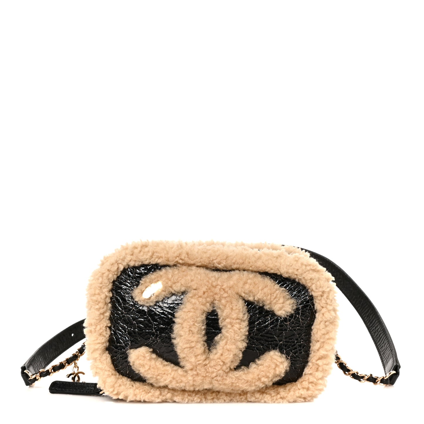 Shiny Crumpled Sheepskin Shearling Waist Bag Black Beige