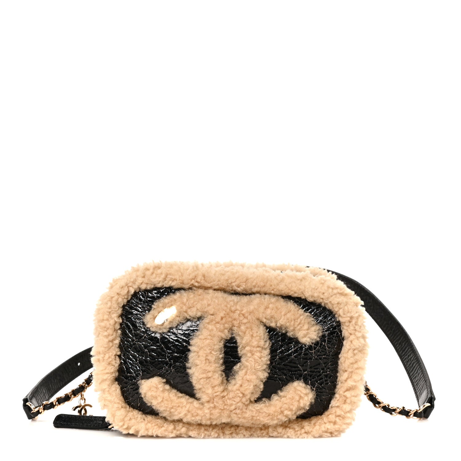 Chanel Shiny Crumpled Sheepskin Shearling Waist Bag Black Beige 1 of 9