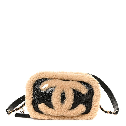Chanel Shiny Crumpled Sheepskin Shearling Waist Bag Black Beige 1 of 9