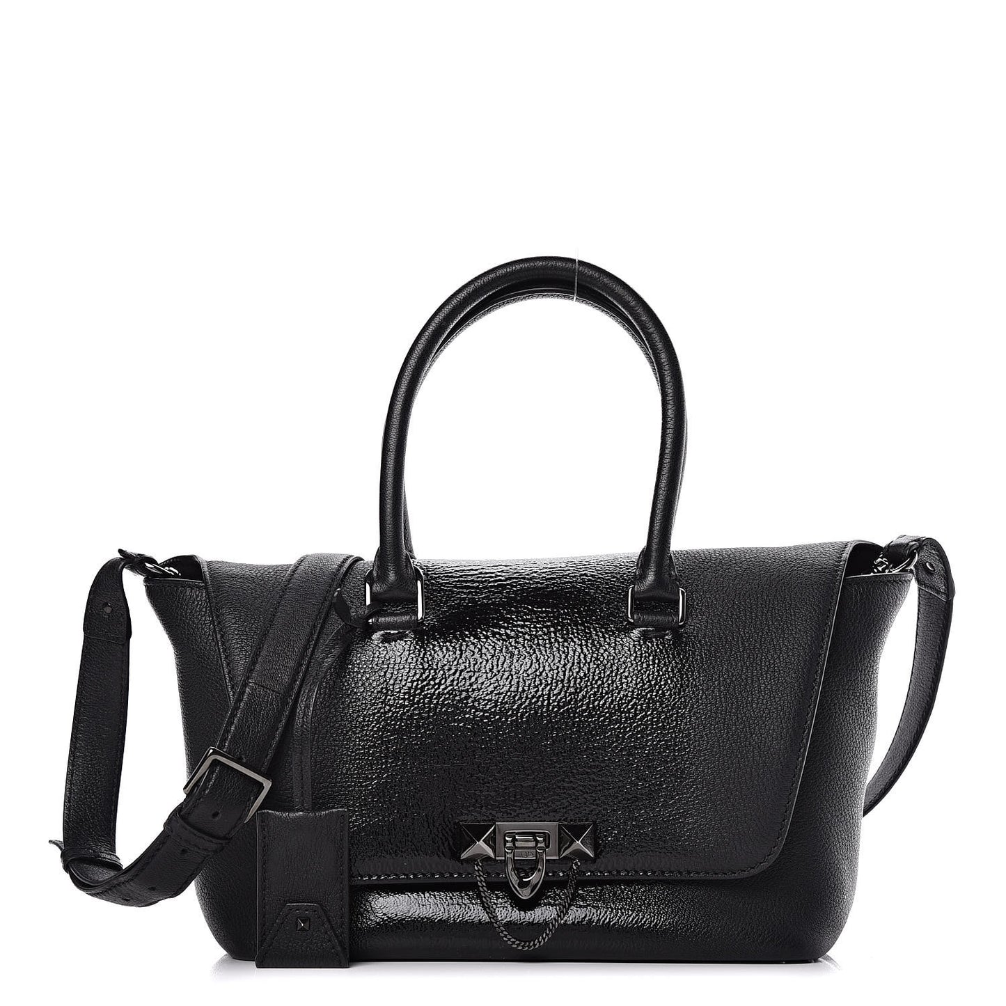 Patent Pebbled Calfskin Small Demilune Double Handle Satchel Black